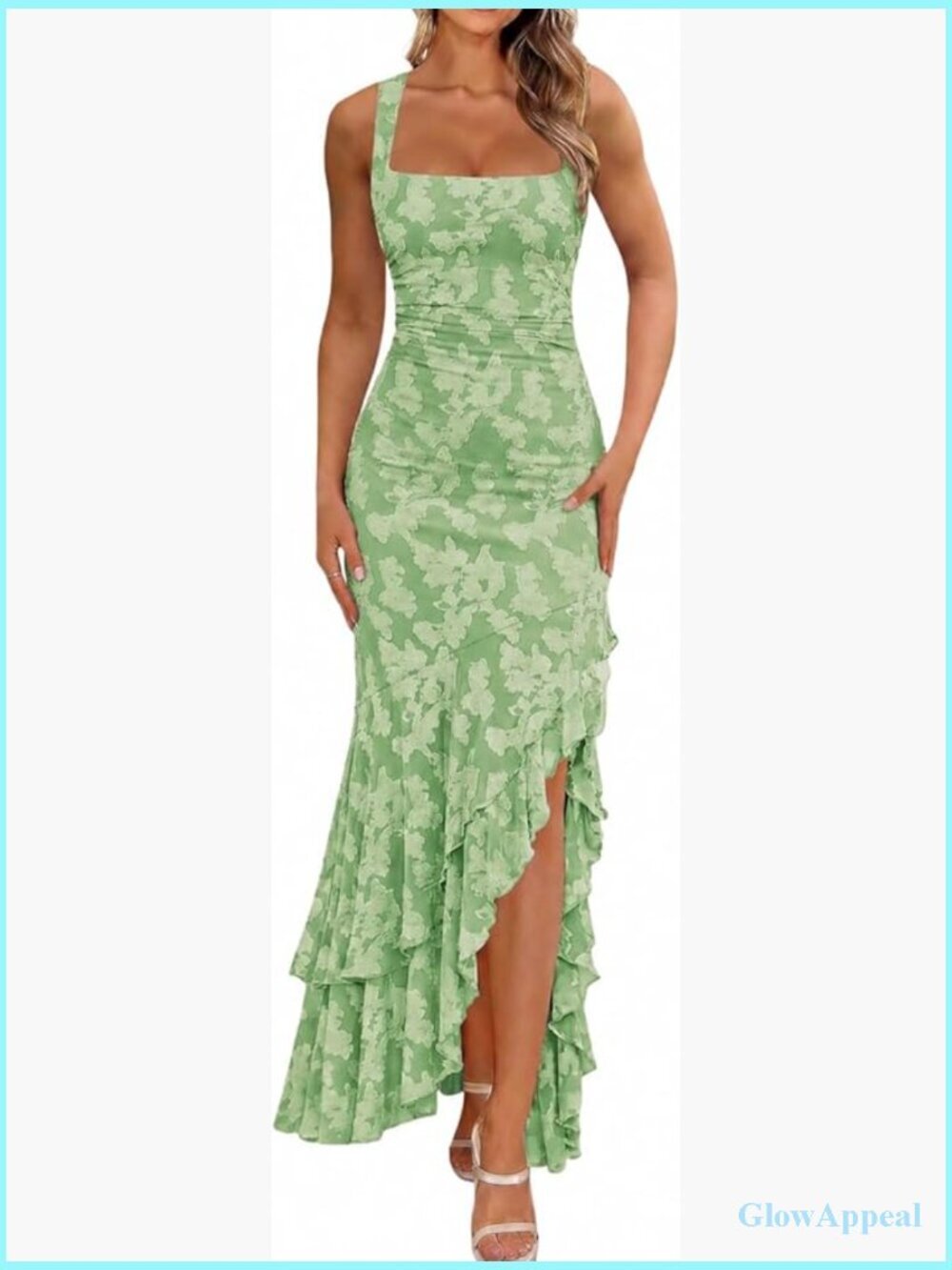 Elegant Ruched Floral Maxi Dress Mesh Mermaid Ruffle Long Formal Dresses